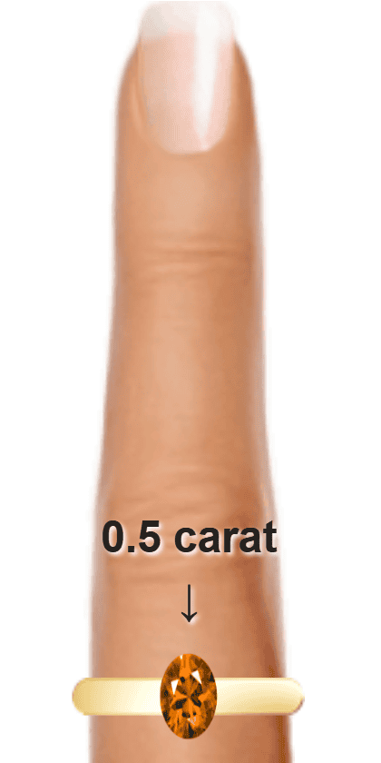 Orange 0.5 carat oval-cut Andesine on a ring and finger.