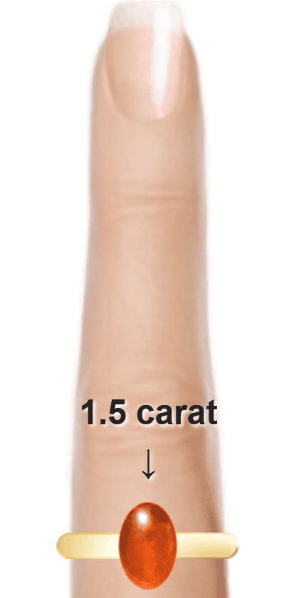 Orangey Red 1.5 carat cabochon-cut Sunstone on a ring and finger.