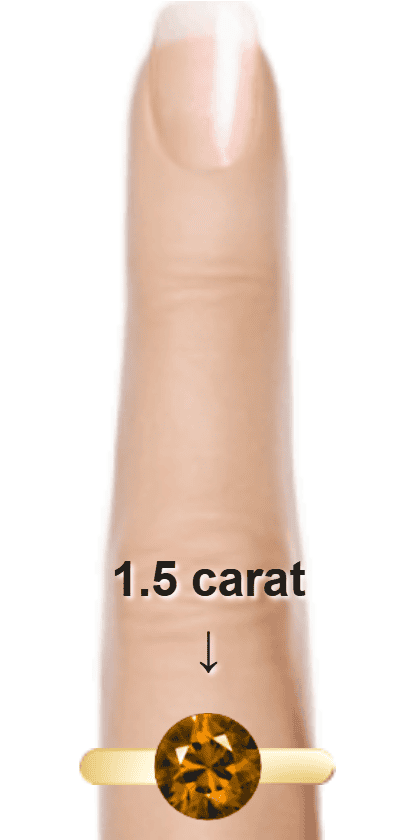 Brown 1.5 carat round-cut Quartz on a ring and finger.