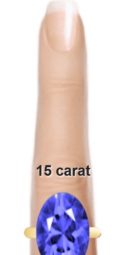 Blue 15 carat oval-cut Benitoite on a ring and finger.