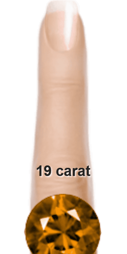 Brown 19 carat round-cut Quartz on a ring and finger.