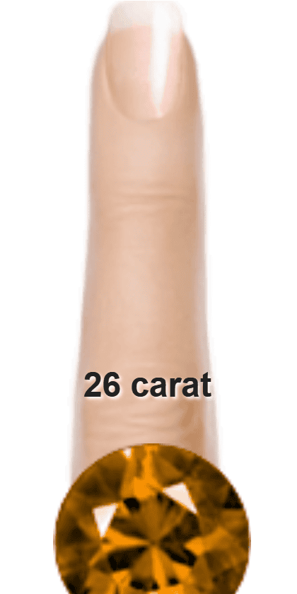 Brown 26 carat round-cut Quartz on a ring and finger.