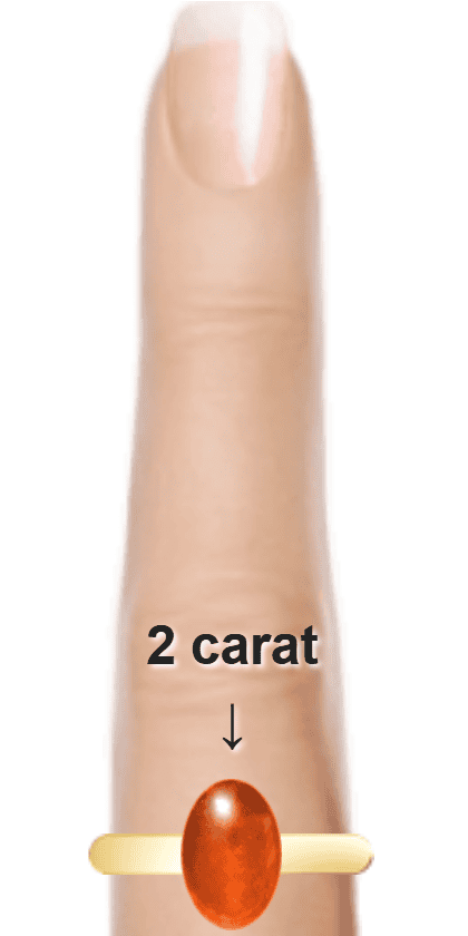 Orangey Red 2 carat cabochon-cut Sunstone on a ring and finger.