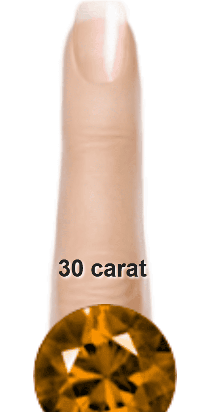 Brown 30 carat round-cut Quartz on a ring and finger.