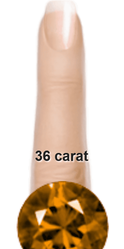 Brown 36 carat round-cut Quartz on a ring and finger.