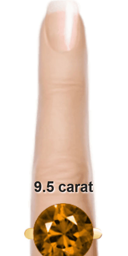 Brown 9.5 carat round-cut Quartz on a ring and finger.